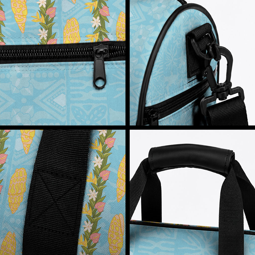 Hawaii Shell Tiare Anthurium Heliconia Lei Duffle Bag With Tapa Pattern Baby Blue LT05 - Polynesian Pride