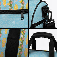 Hawaii Shell Tiare Anthurium Heliconia Lei Duffle Bag With Tapa Pattern Baby Blue LT05 - Polynesian Pride