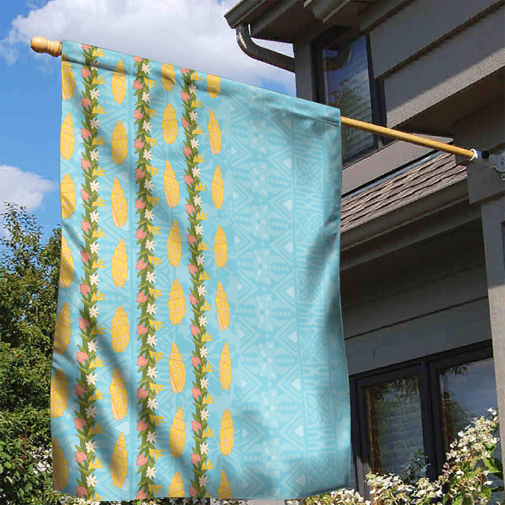 Hawaii Shell Tiare Anthurium Heliconia Lei Garden Flag With Tapa Pattern Baby Blue LT05 - Polynesian Pride