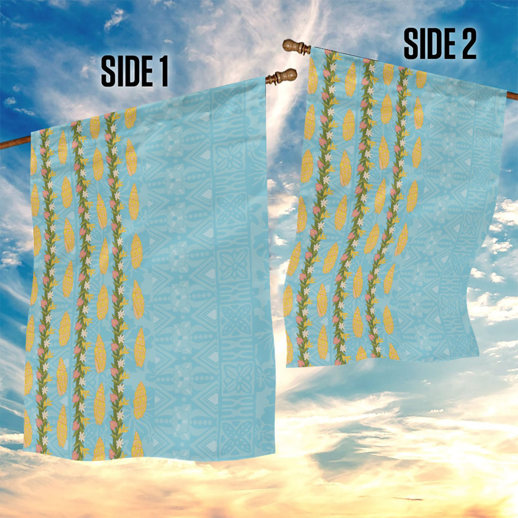 Hawaii Shell Tiare Anthurium Heliconia Lei Garden Flag With Tapa Pattern Baby Blue LT05 - Polynesian Pride