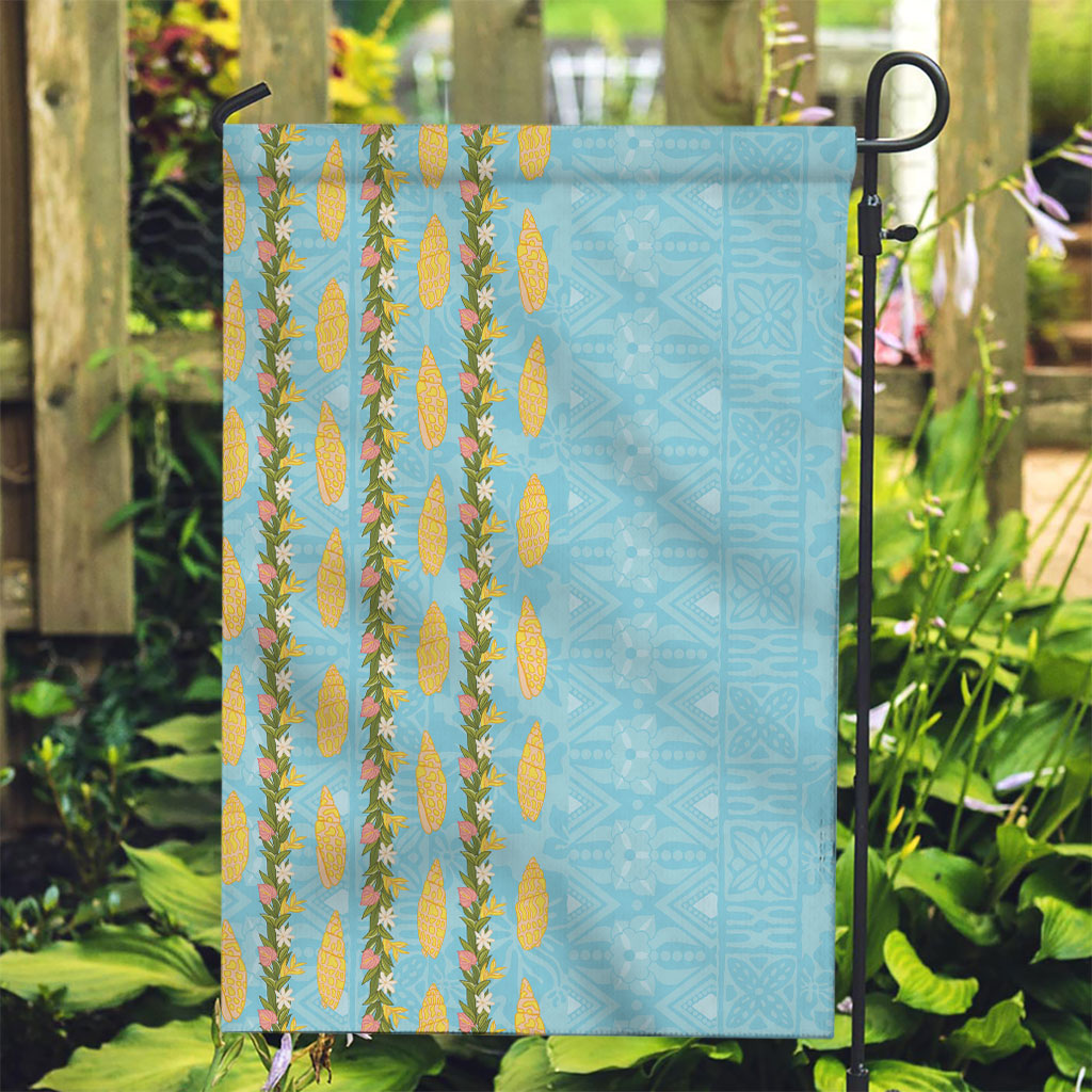 Hawaii Shell Tiare Anthurium Heliconia Lei Garden Flag With Tapa Pattern Baby Blue LT05 Garden Flag Blue - Polynesian Pride