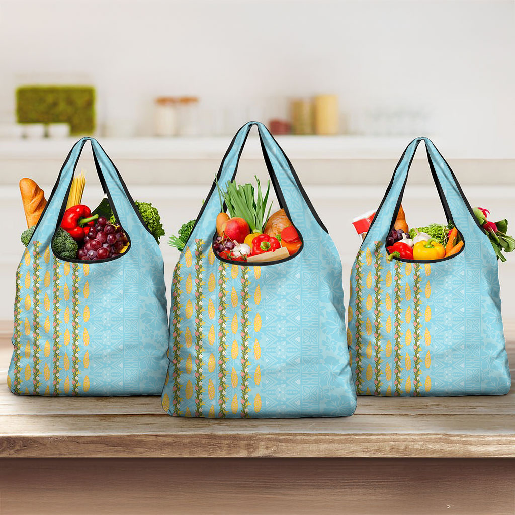Hawaii Shell Tiare Anthurium Heliconia Lei Grocery Bag With Tapa Pattern Baby Blue LT05 3-pack One Size Blue - Polynesian Pride