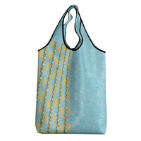 Hawaii Shell Tiare Anthurium Heliconia Lei Grocery Bag With Tapa Pattern Baby Blue LT05 - Polynesian Pride