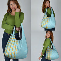 Hawaii Shell Tiare Anthurium Heliconia Lei Grocery Bag With Tapa Pattern Baby Blue LT05 - Polynesian Pride