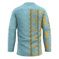 Hawaii Shell Tiare Anthurium Heliconia Lei Hockey Jersey With Tapa Pattern Baby Blue LT05 - Polynesian Pride