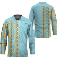 Hawaii Shell Tiare Anthurium Heliconia Lei Hockey Jersey With Tapa Pattern Baby Blue LT05 - Polynesian Pride