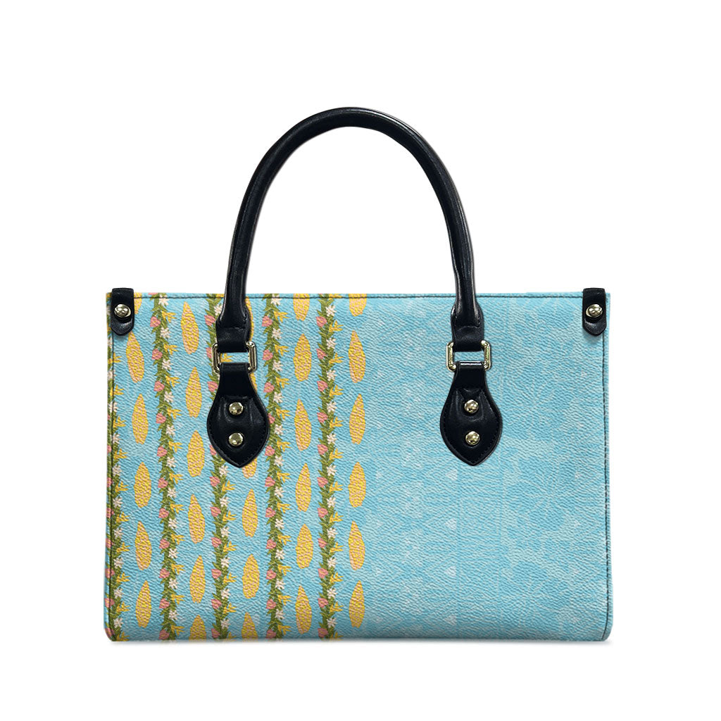 Hawaii Shell Tiare Anthurium Heliconia Lei Leather Bag With Tapa Pattern Baby Blue LT05 - Polynesian Pride