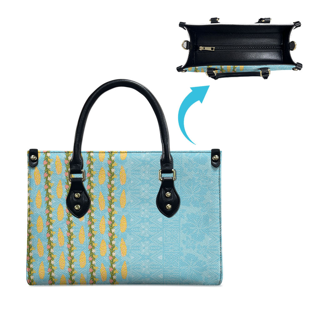 Hawaii Shell Tiare Anthurium Heliconia Lei Leather Bag With Tapa Pattern Baby Blue LT05 - Polynesian Pride