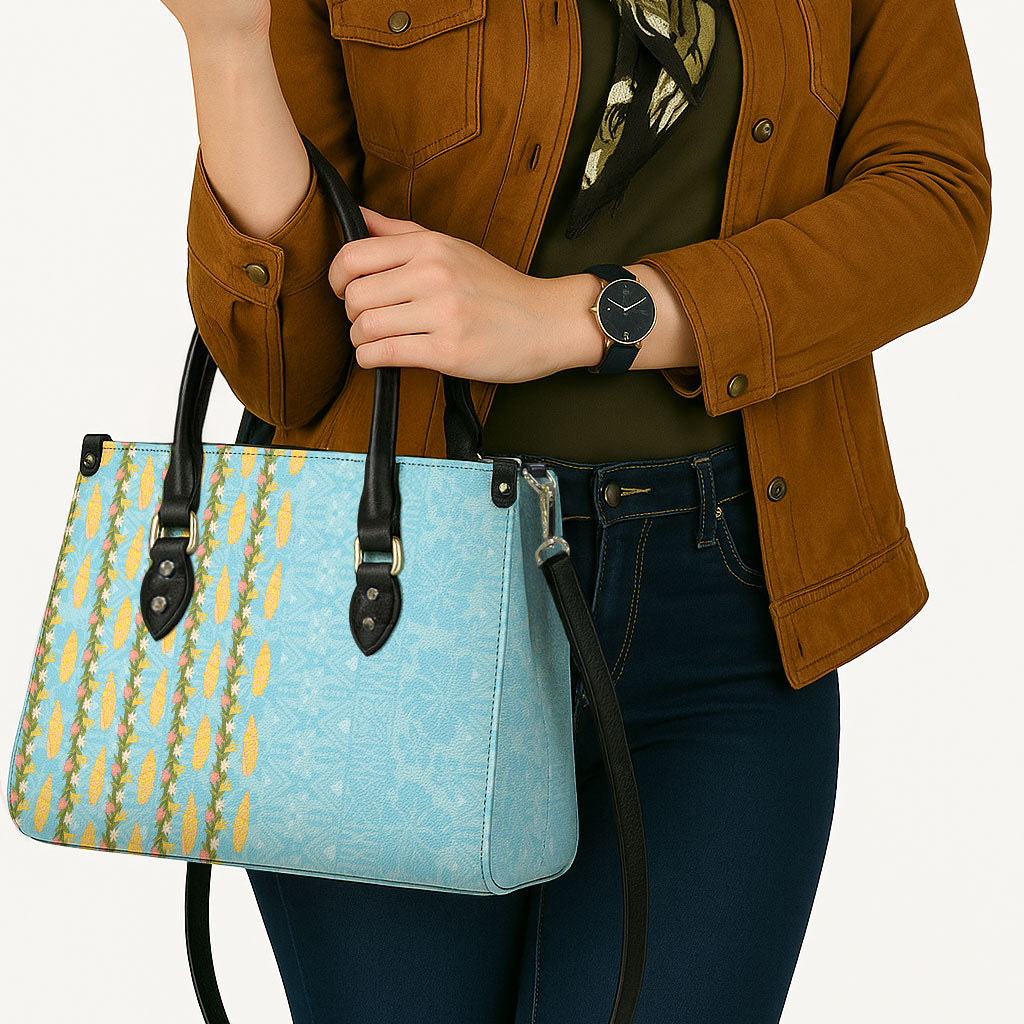 Hawaii Shell Tiare Anthurium Heliconia Lei Leather Bag With Tapa Pattern Baby Blue LT05 - Polynesian Pride