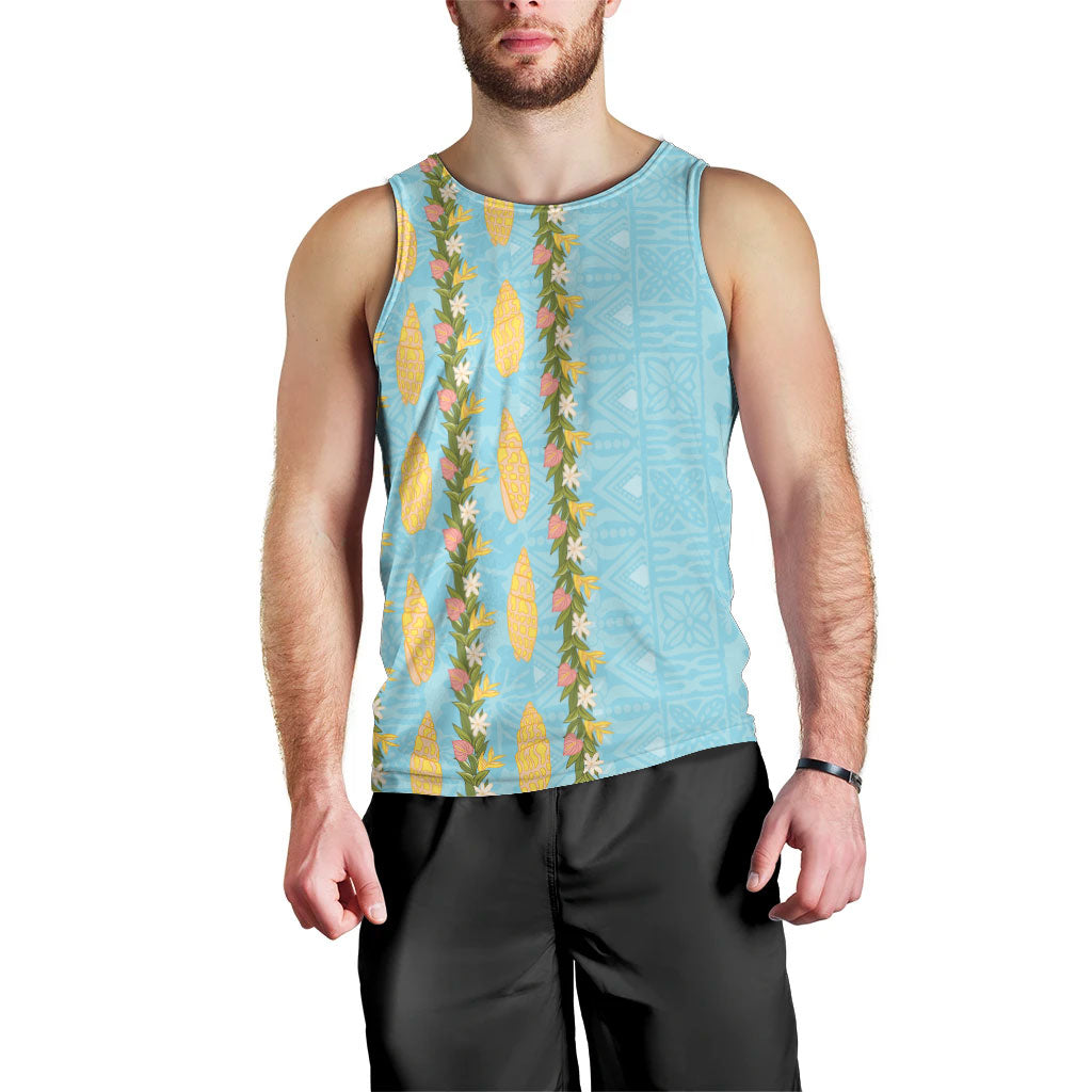 Hawaii Shell Tiare Anthurium Heliconia Lei Men Tank Top With Tapa Pattern Baby Blue LT05 - Polynesian Pride
