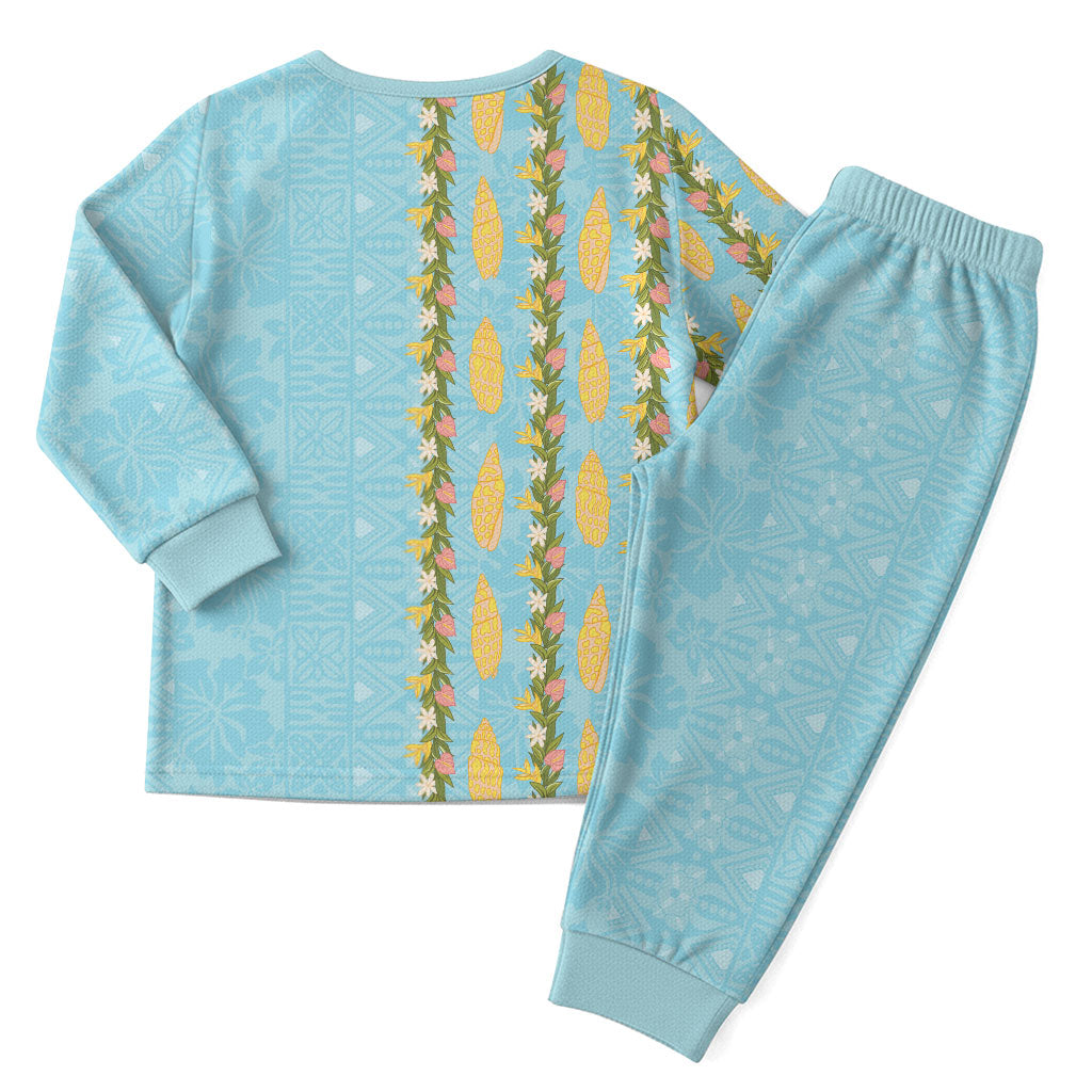 Hawaii Shell Tiare Anthurium Heliconia Lei Christmas Pajama Set With Tapa Pattern Baby Blue LT05 - Polynesian Pride
