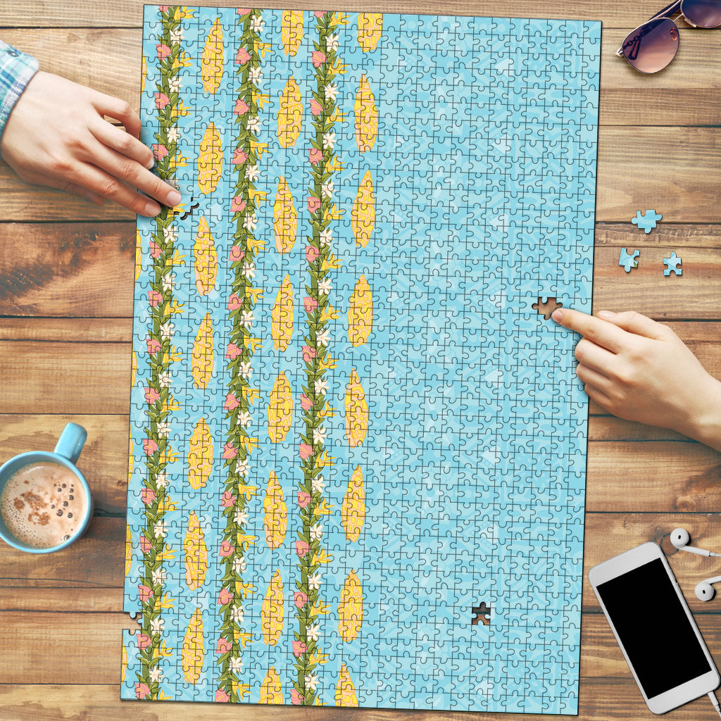 Hawaii Shell Tiare Anthurium Heliconia Lei Puzzle With Tapa Pattern Baby Blue LT05 Blue - Polynesian Pride
