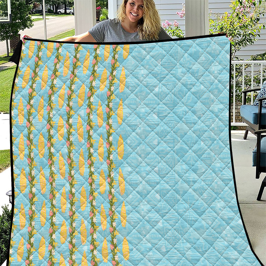 Hawaii Shell Tiare Anthurium Heliconia Lei Quilt With Tapa Pattern Baby Blue LT05 Blue - Polynesian Pride
