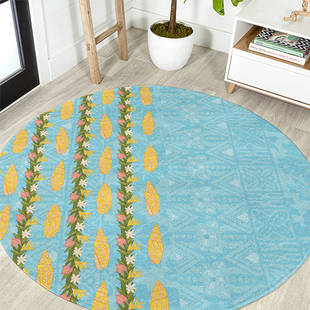 Hawaii Shell Tiare Anthurium Heliconia Lei Round Carpet With Tapa Pattern Baby Blue LT05 Blue - Polynesian Pride