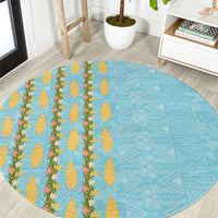Hawaii Shell Tiare Anthurium Heliconia Lei Round Carpet With Tapa Pattern Baby Blue LT05 Blue - Polynesian Pride