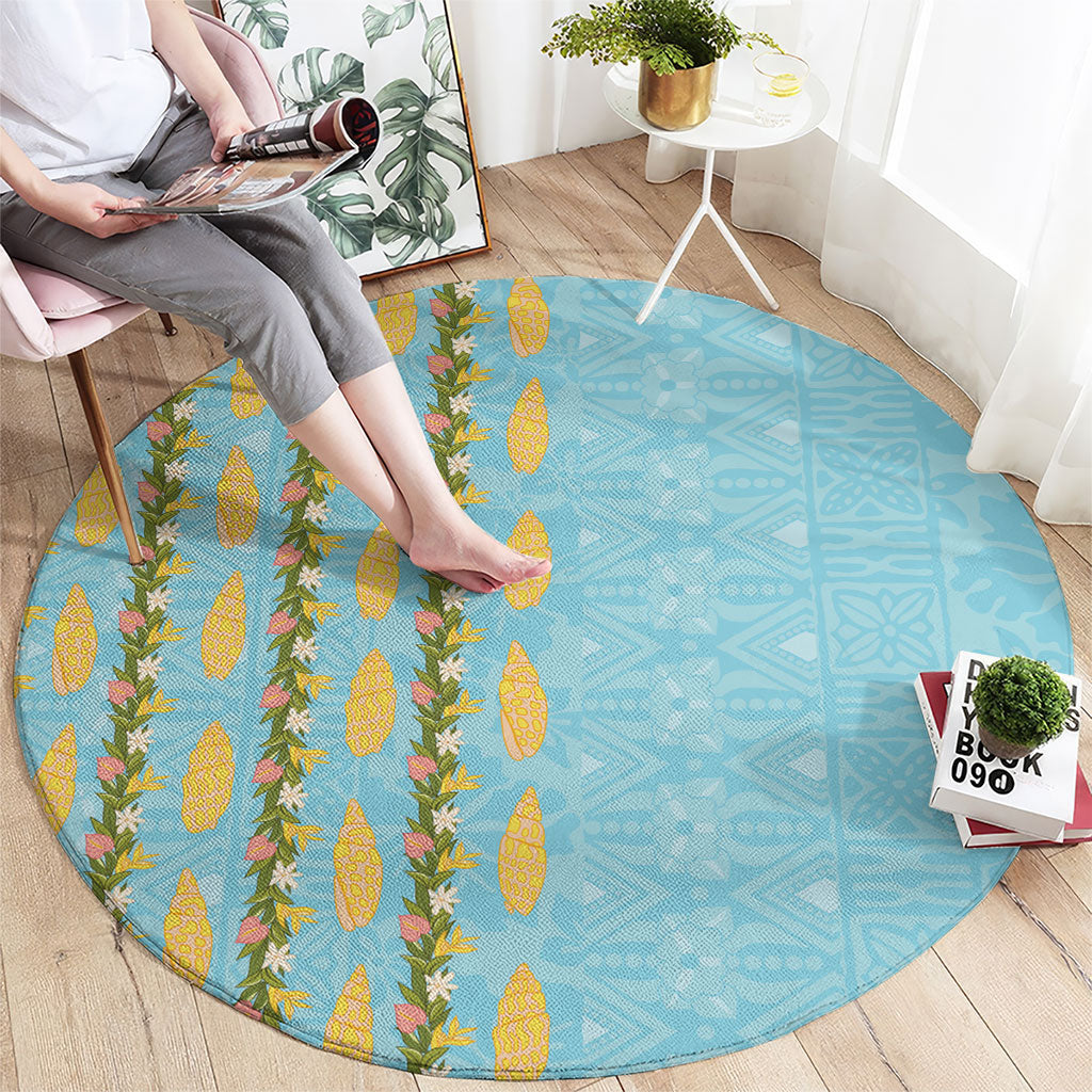 Hawaii Shell Tiare Anthurium Heliconia Lei Round Carpet With Tapa Pattern Baby Blue LT05 - Polynesian Pride
