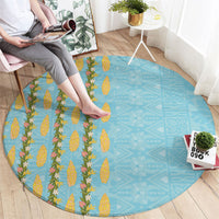 Hawaii Shell Tiare Anthurium Heliconia Lei Round Carpet With Tapa Pattern Baby Blue LT05 - Polynesian Pride