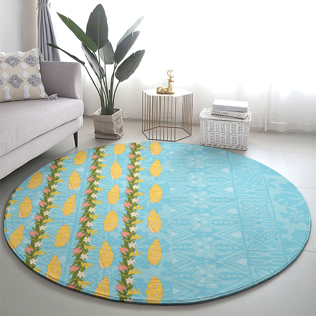 Hawaii Shell Tiare Anthurium Heliconia Lei Round Carpet With Tapa Pattern Baby Blue LT05 - Polynesian Pride
