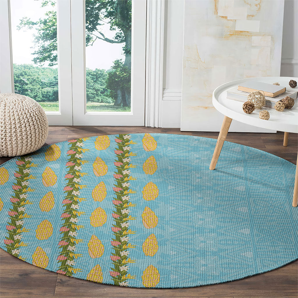 Hawaii Shell Tiare Anthurium Heliconia Lei Round Carpet With Tapa Pattern Baby Blue LT05 - Polynesian Pride