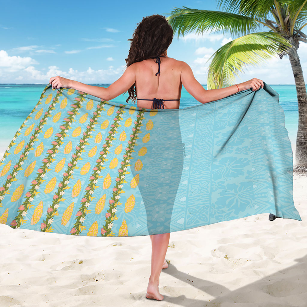 Hawaii Shell Tiare Anthurium Heliconia Lei Sarong With Tapa Pattern Baby Blue LT05 - Polynesian Pride