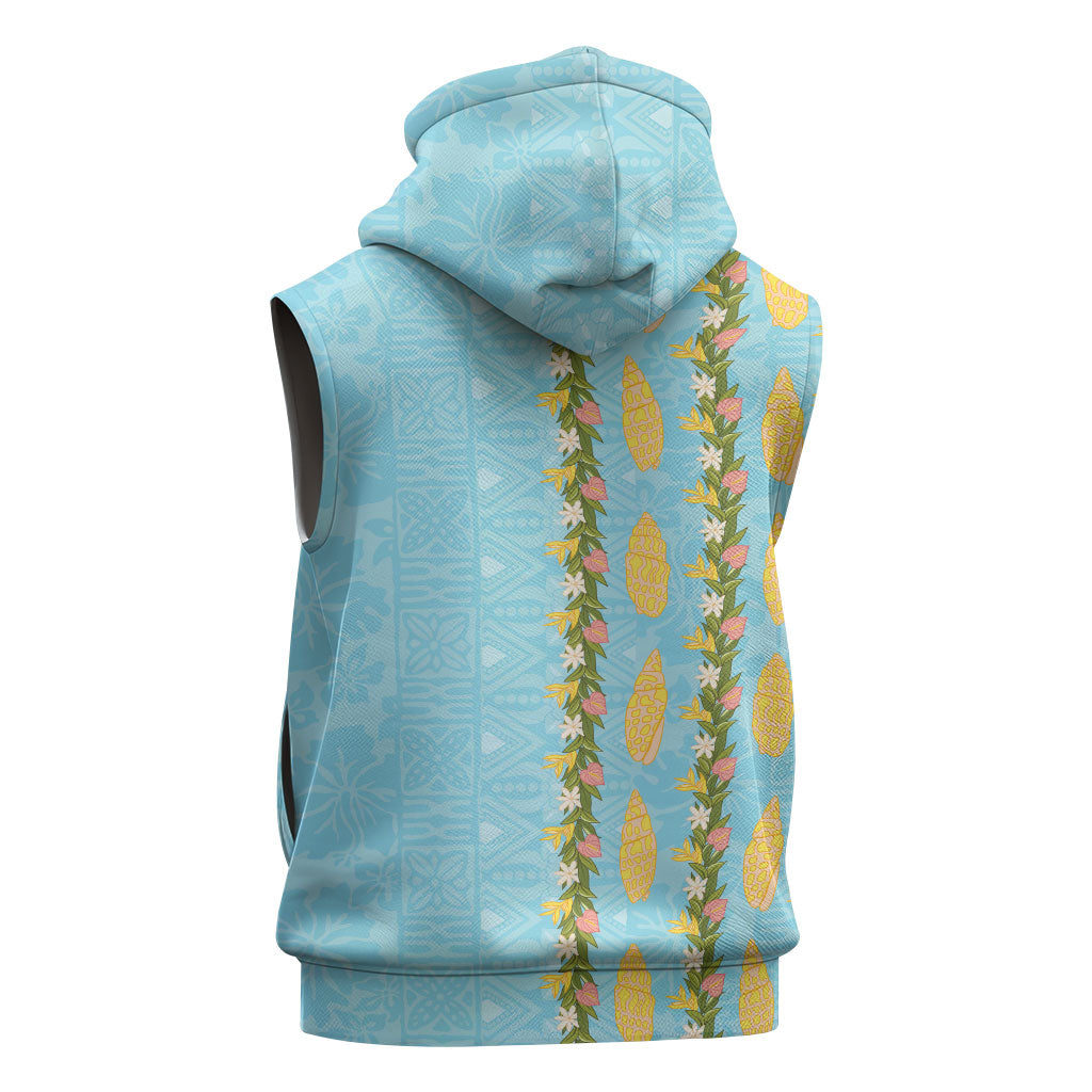 Hawaii Shell Tiare Anthurium Heliconia Lei Sleeveless Hoodie With Tapa Pattern Baby Blue LT05 - Polynesian Pride