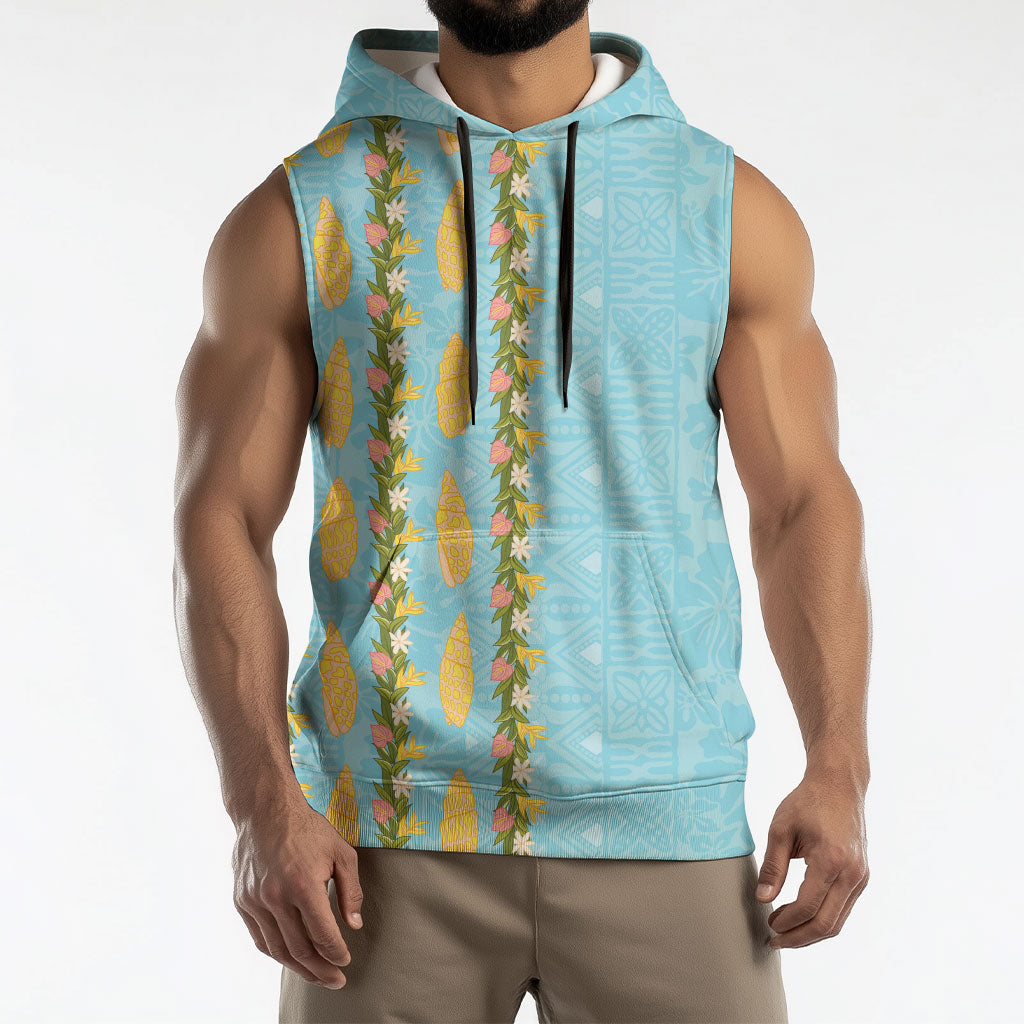 Hawaii Shell Tiare Anthurium Heliconia Lei Sleeveless Hoodie With Tapa Pattern Baby Blue LT05 - Polynesian Pride
