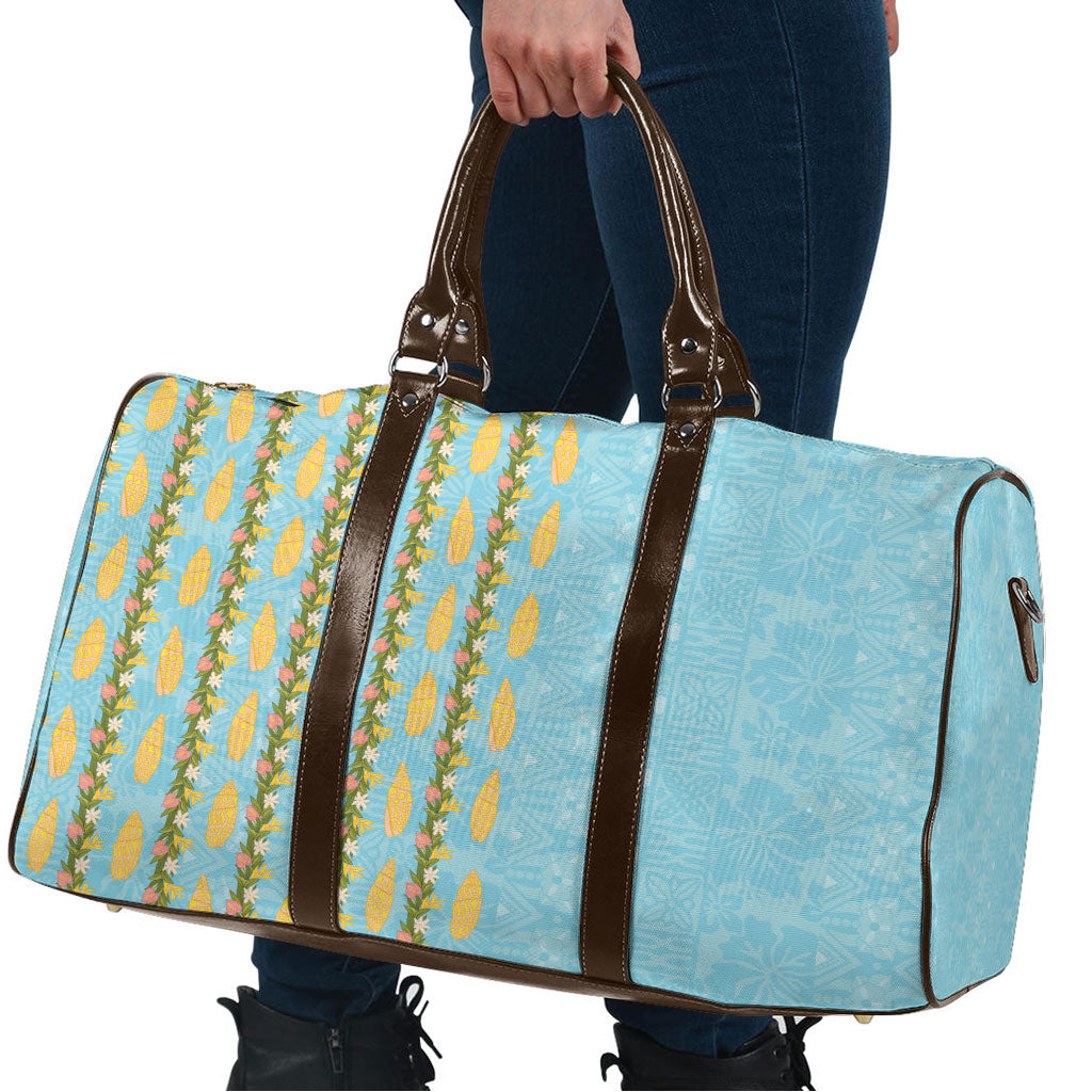 Hawaii Shell Tiare Anthurium Heliconia Lei Travel Bag With Tapa Pattern Baby Blue LT05 - Polynesian Pride