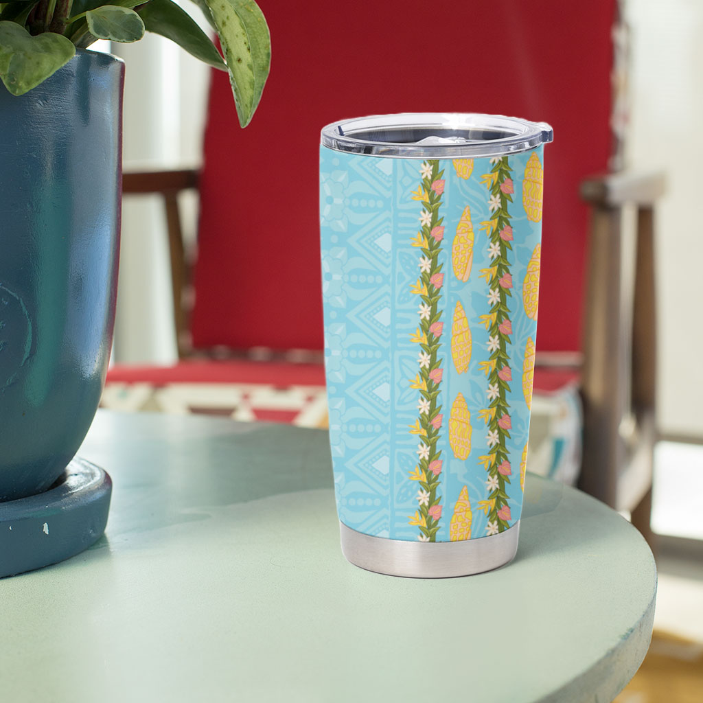 Hawaii Shell Tiare Anthurium Heliconia Lei Tumbler Cup With Tapa Pattern Baby Blue LT05 - Polynesian Pride