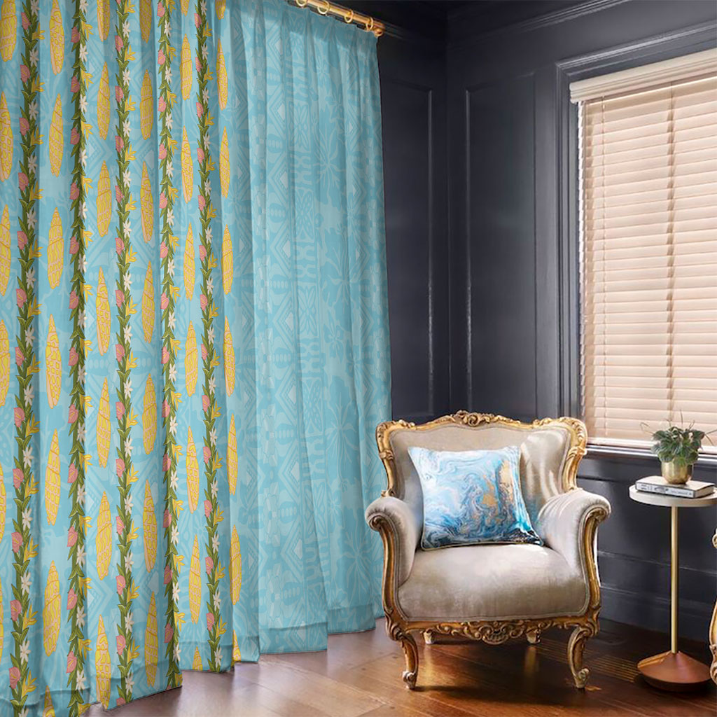 Hawaii Shell Tiare Anthurium Heliconia Lei Window Curtain With Tapa Pattern Baby Blue LT05 - Polynesian Pride