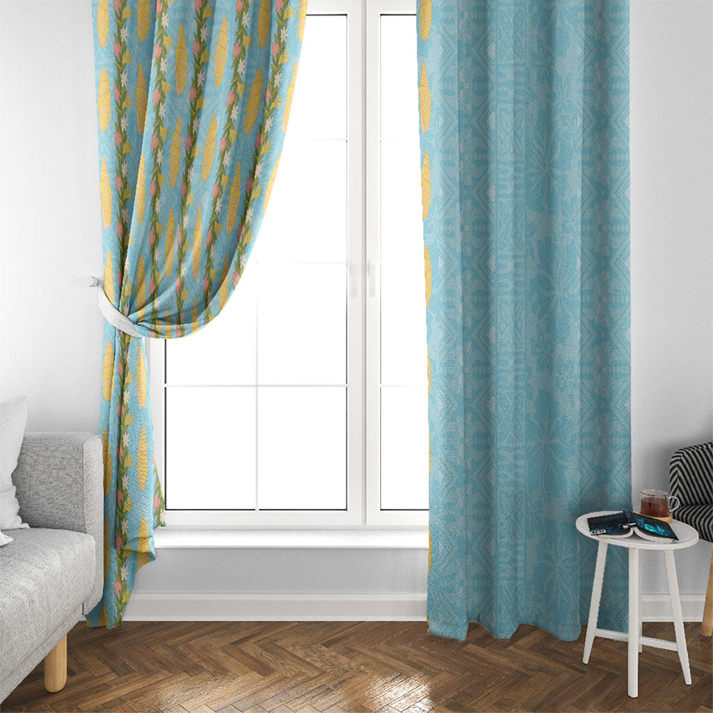 Hawaii Shell Tiare Anthurium Heliconia Lei Window Curtain With Tapa Pattern Baby Blue LT05 - Polynesian Pride