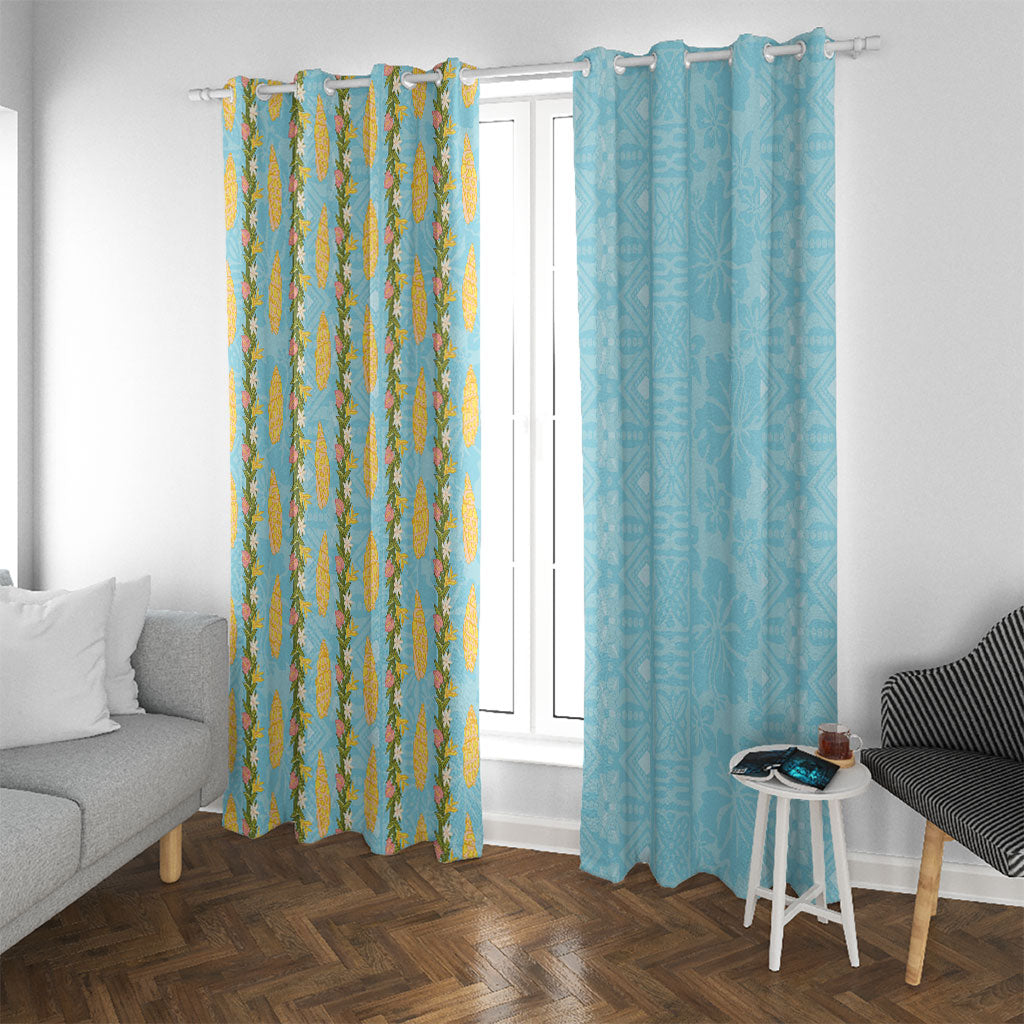 Hawaii Shell Tiare Anthurium Heliconia Lei Window Curtain With Tapa Pattern Baby Blue LT05 With Grommets Blue - Polynesian Pride