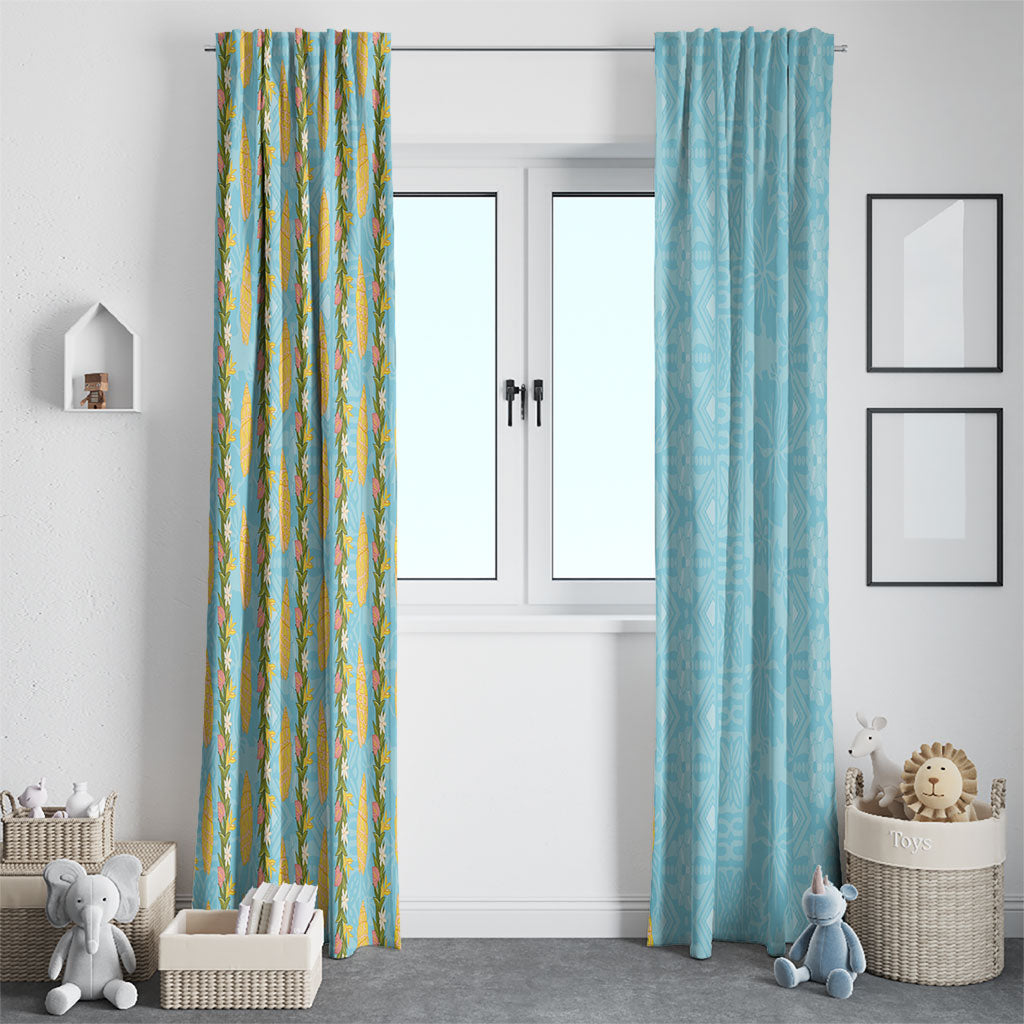 Hawaii Shell Tiare Anthurium Heliconia Lei Window Curtain With Tapa Pattern Baby Blue LT05 - Polynesian Pride
