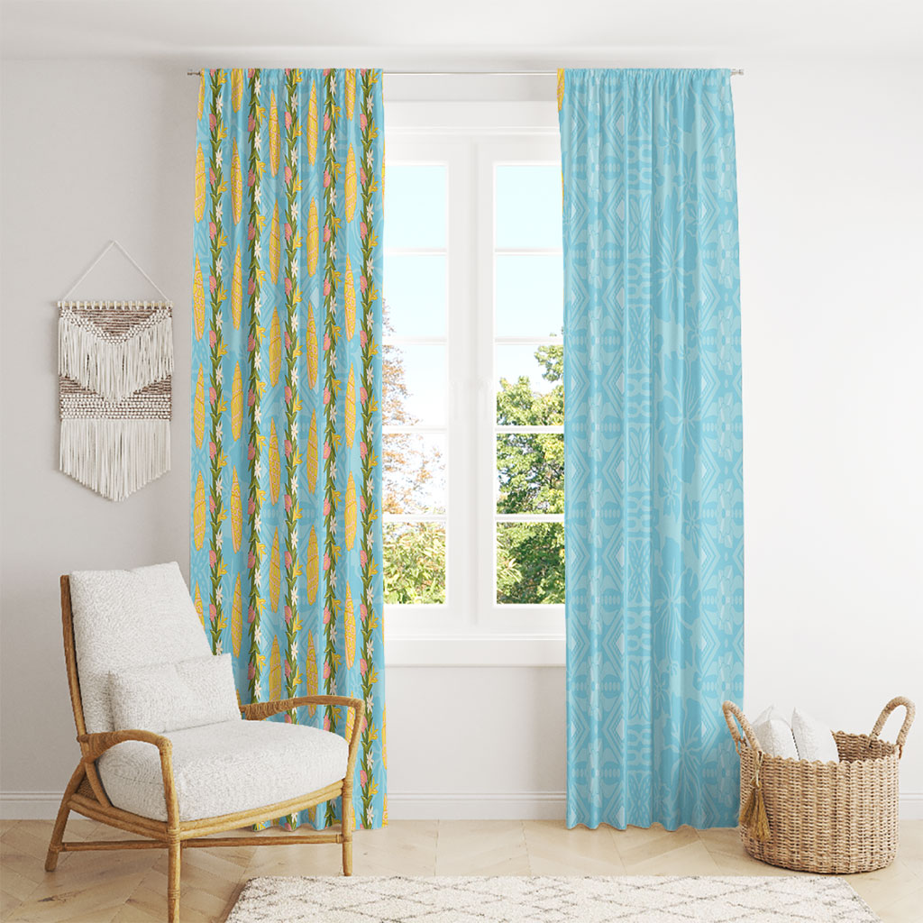 Hawaii Shell Tiare Anthurium Heliconia Lei Window Curtain With Tapa Pattern Baby Blue LT05 - Polynesian Pride