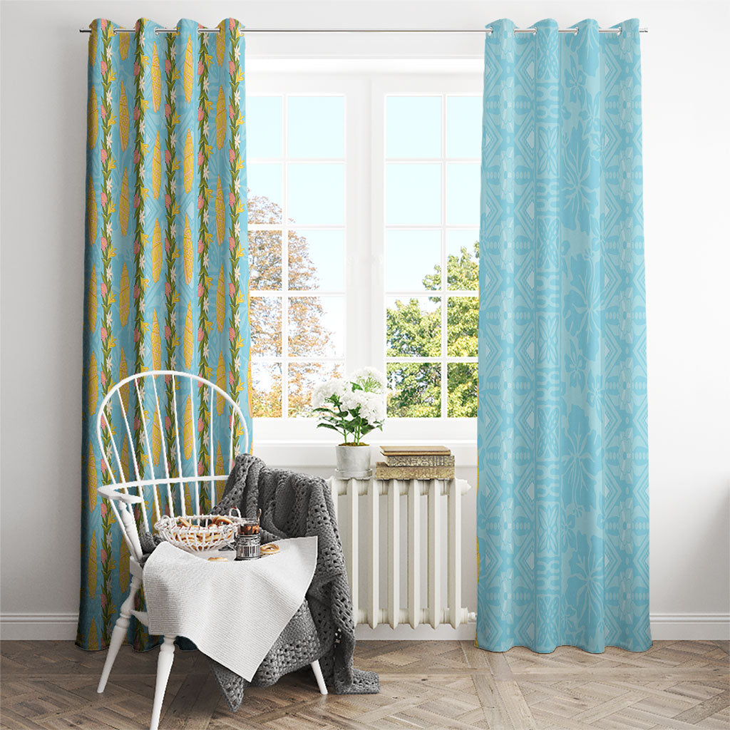 Hawaii Shell Tiare Anthurium Heliconia Lei Window Curtain With Tapa Pattern Baby Blue LT05 - Polynesian Pride