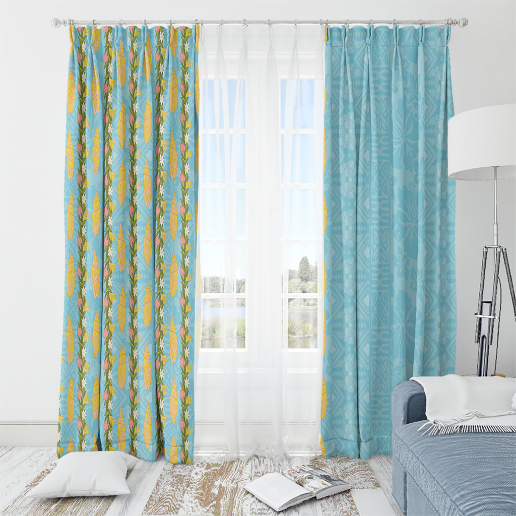 Hawaii Shell Tiare Anthurium Heliconia Lei Window Curtain With Tapa Pattern Baby Blue LT05 - Polynesian Pride