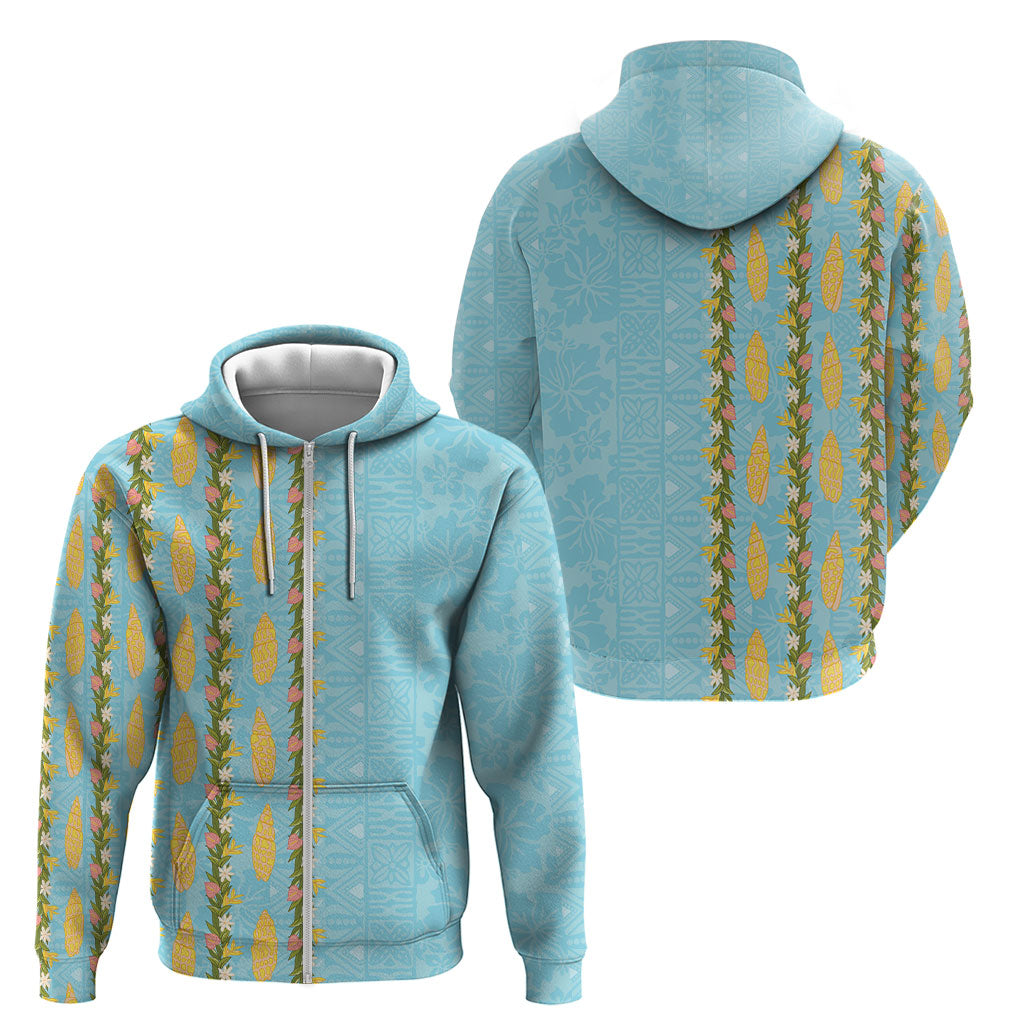 Hawaii Shell Tiare Anthurium Heliconia Lei Zip Hoodie With Tapa Pattern Baby Blue LT05 - Polynesian Pride