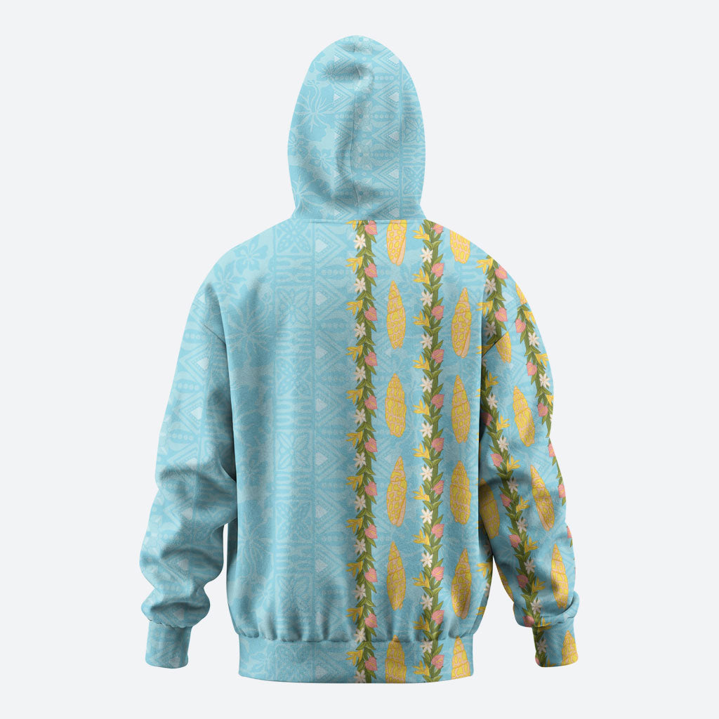 Hawaii Shell Tiare Anthurium Heliconia Lei Zip Hoodie With Tapa Pattern Baby Blue LT05 - Polynesian Pride