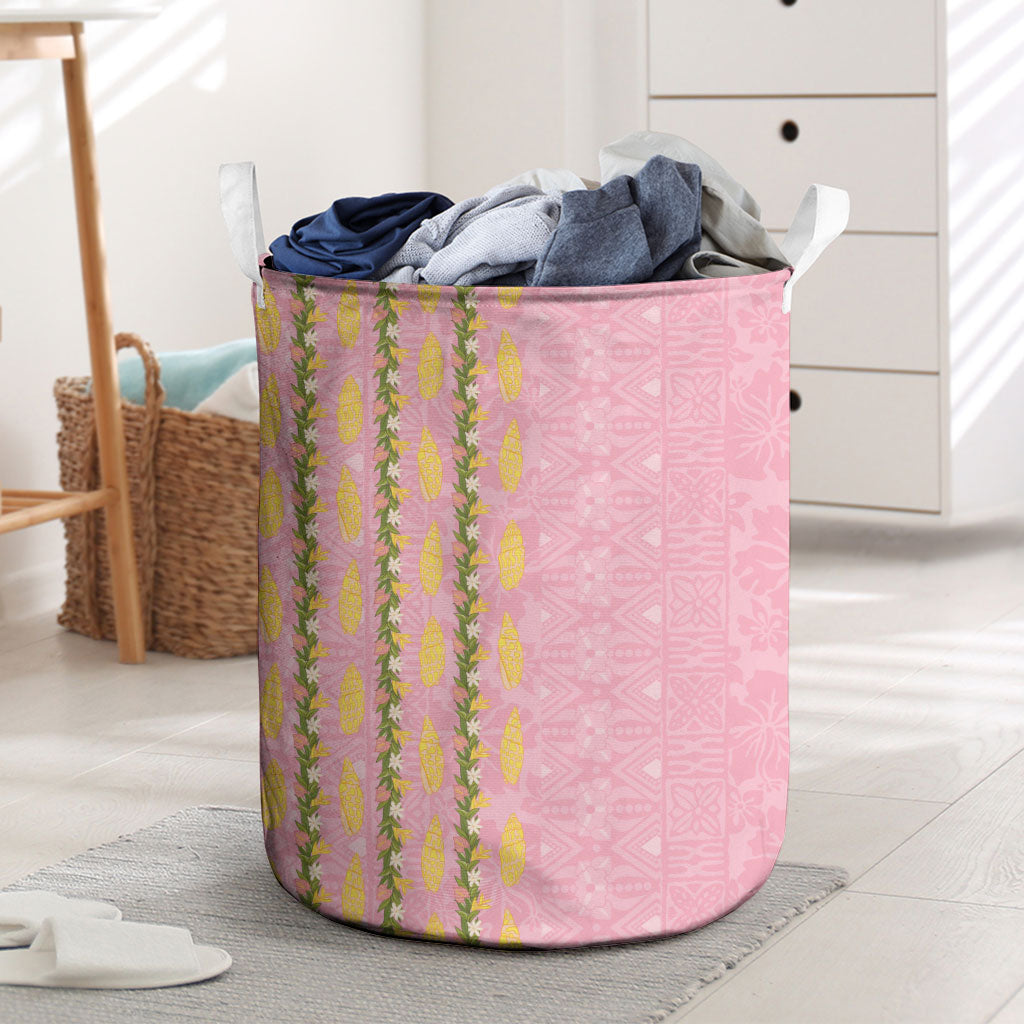 Hawaii Shell Tiare Anthurium Heliconia Lei Laundry Basket With Tapa Pattern Baby Pink LT05 Pink - Polynesian Pride