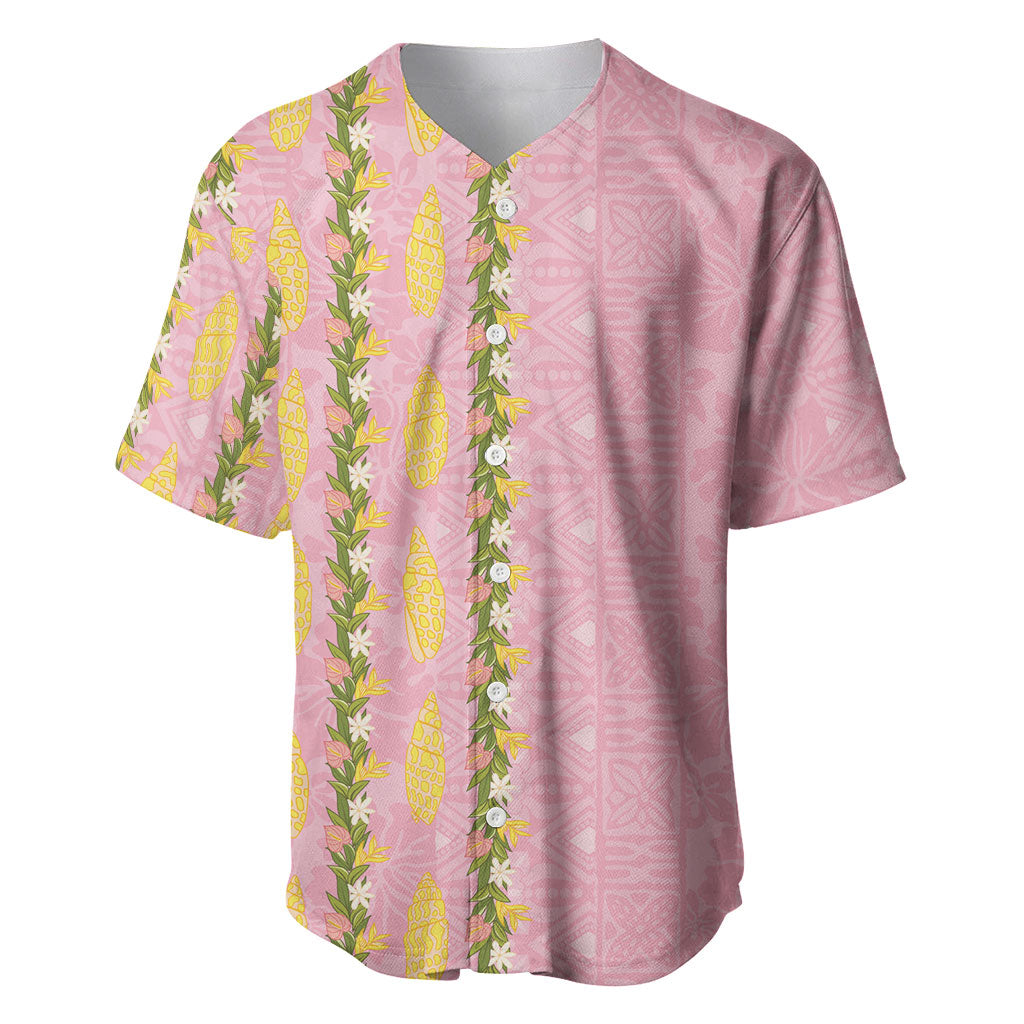 Hawaii Shell Tiare Anthurium Heliconia Lei Baseball Jersey With Tapa Pattern Baby Pink LT05 Pink - Polynesian Pride