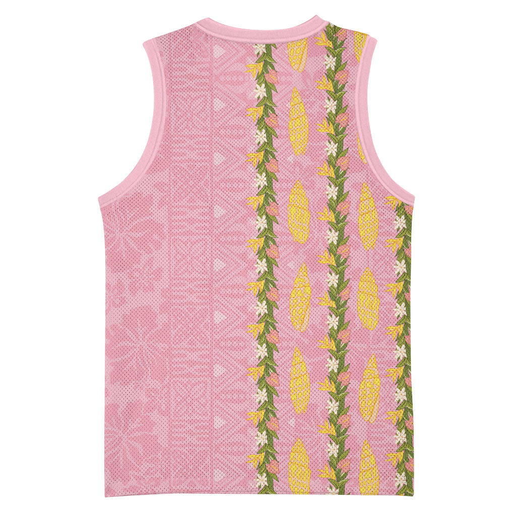 Hawaii Shell Tiare Anthurium Heliconia Lei Basketball Jersey With Tapa Pattern Baby Pink LT05 - Polynesian Pride