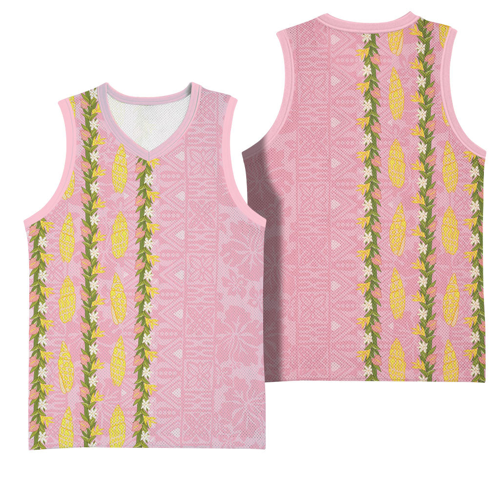 Hawaii Shell Tiare Anthurium Heliconia Lei Basketball Jersey With Tapa Pattern Baby Pink LT05 - Polynesian Pride