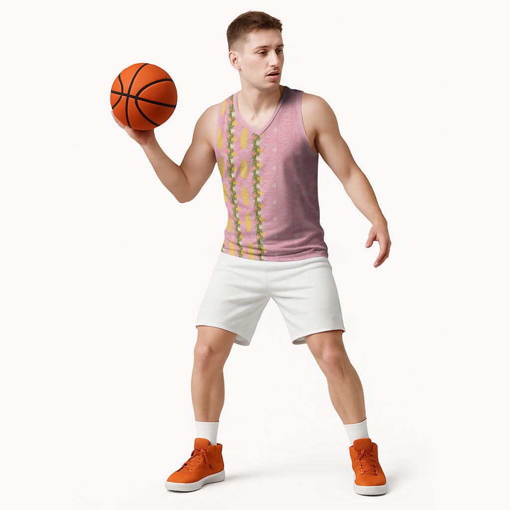 Hawaii Shell Tiare Anthurium Heliconia Lei Basketball Jersey With Tapa Pattern Baby Pink LT05 - Polynesian Pride
