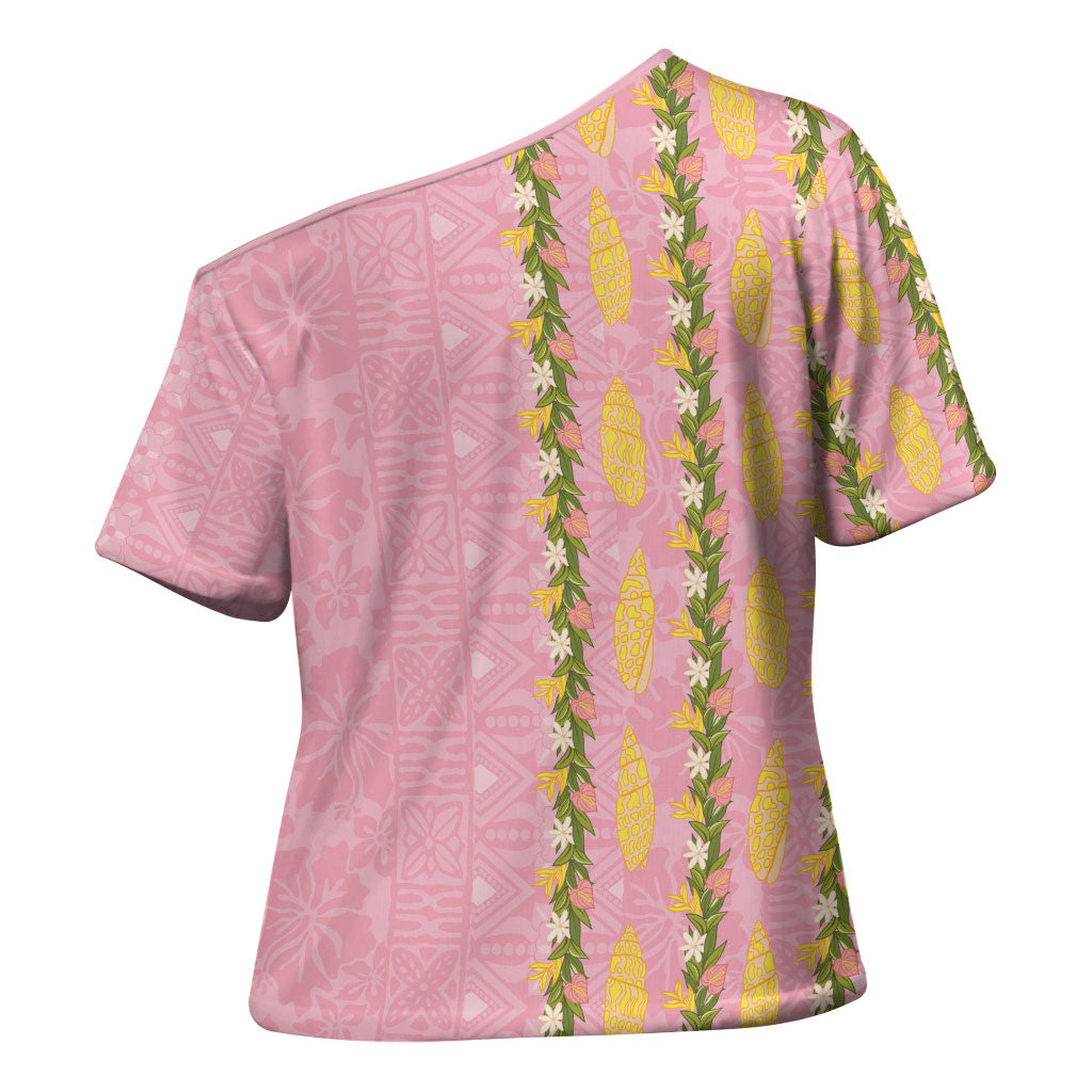 Hawaii Shell Tiare Anthurium Heliconia Lei Cross Shoulder Shirt With Tapa Pattern Baby Pink LT05 - Polynesian Pride