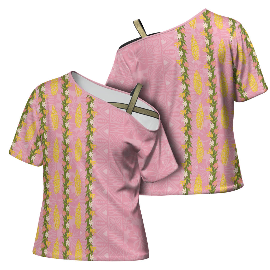 Hawaii Shell Tiare Anthurium Heliconia Lei Cross Shoulder Shirt With Tapa Pattern Baby Pink LT05 - Polynesian Pride