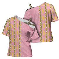 Hawaii Shell Tiare Anthurium Heliconia Lei Cross Shoulder Shirt With Tapa Pattern Baby Pink LT05 - Polynesian Pride