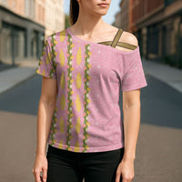 Hawaii Shell Tiare Anthurium Heliconia Lei Cross Shoulder Shirt With Tapa Pattern Baby Pink LT05 - Polynesian Pride