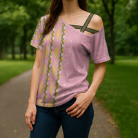 Hawaii Shell Tiare Anthurium Heliconia Lei Cross Shoulder Shirt With Tapa Pattern Baby Pink LT05 - Polynesian Pride