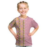 Hawaii Shell Tiare Anthurium Heliconia Lei Kid T Shirt With Tapa Pattern Baby Pink LT05 Pink - Polynesian Pride
