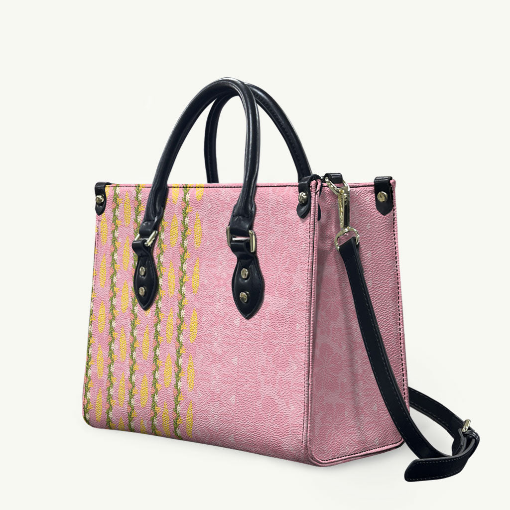 Hawaii Shell Tiare Anthurium Heliconia Lei Leather Bag With Tapa Pattern Baby Pink LT05 Pink - Polynesian Pride