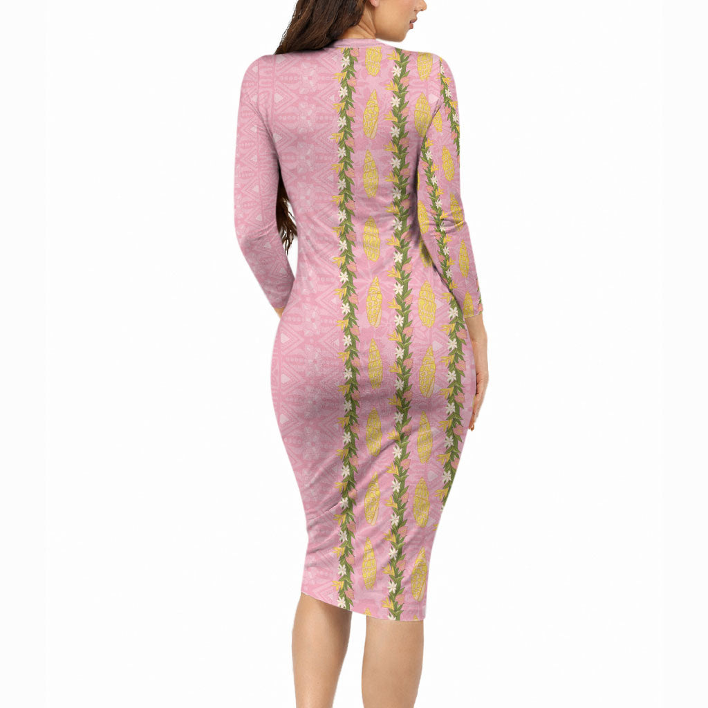 Hawaii Shell Tiare Anthurium Heliconia Lei Long Sleeve Bodycon Dress With Tapa Pattern Baby Pink LT05 - Polynesian Pride